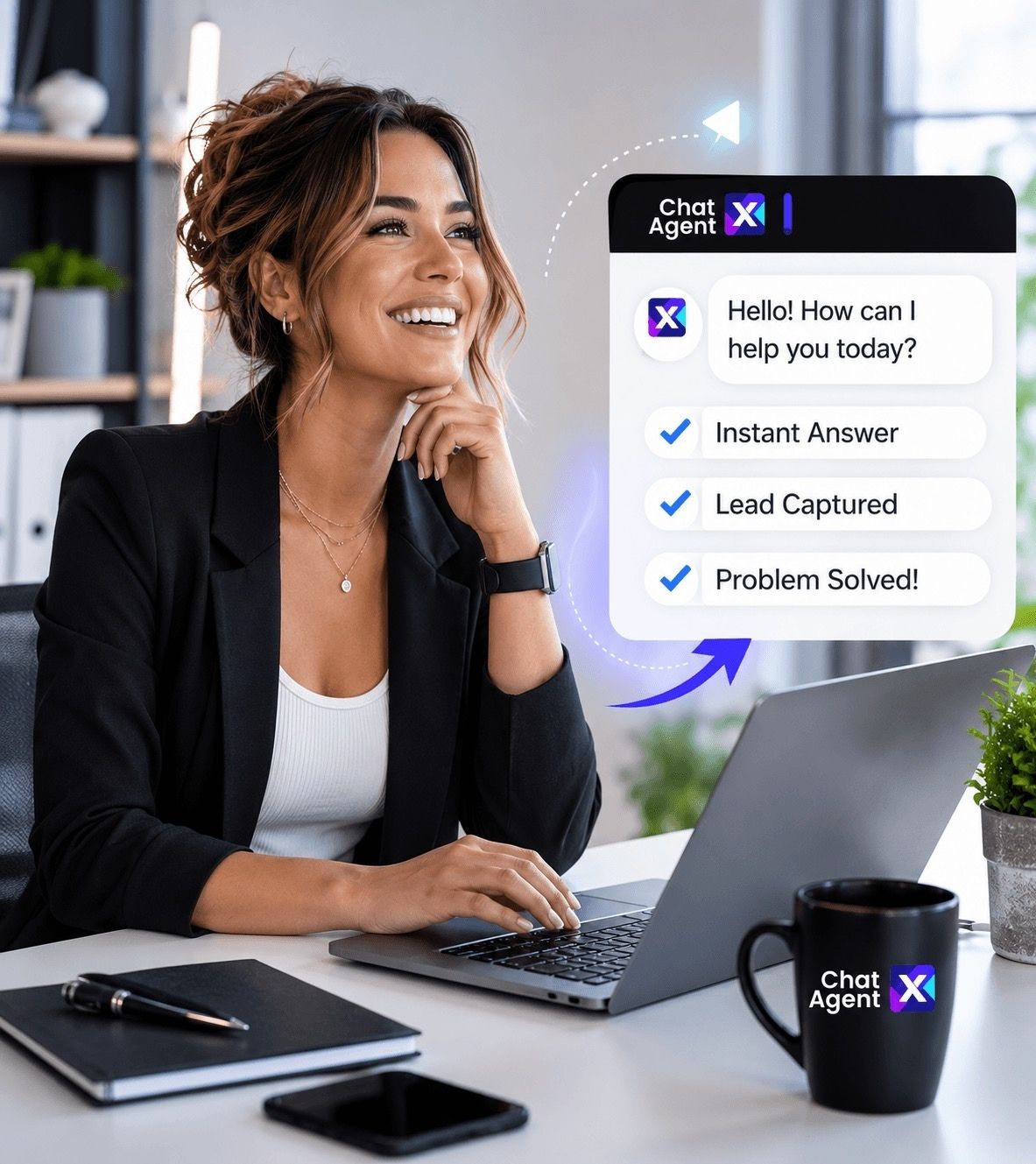 Business owner confidently using Chat AgentX