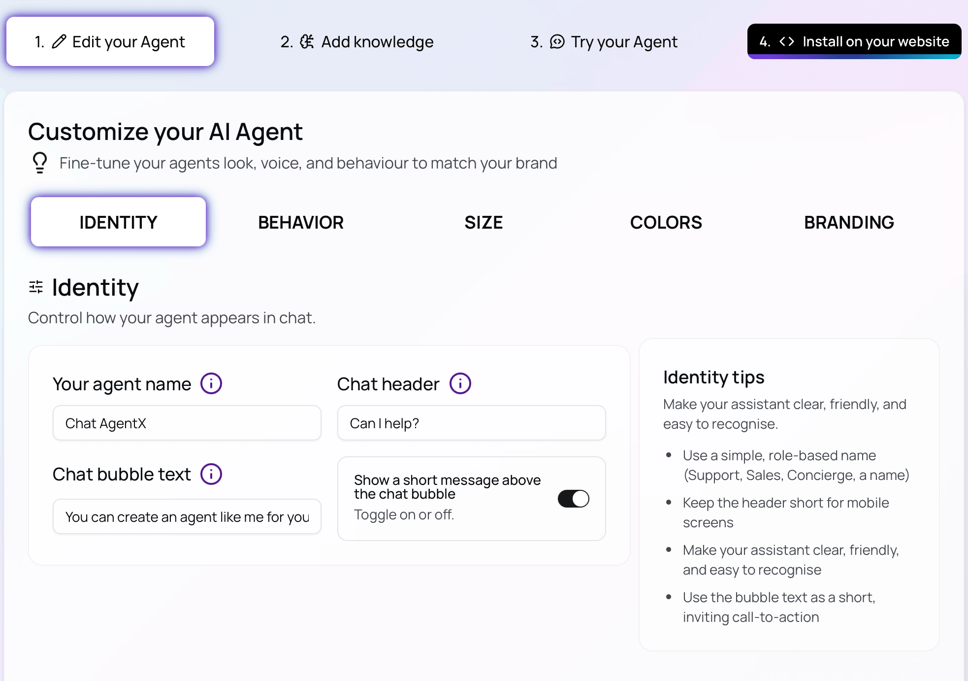 Chat AgentX dashboard — customise your AI assistant